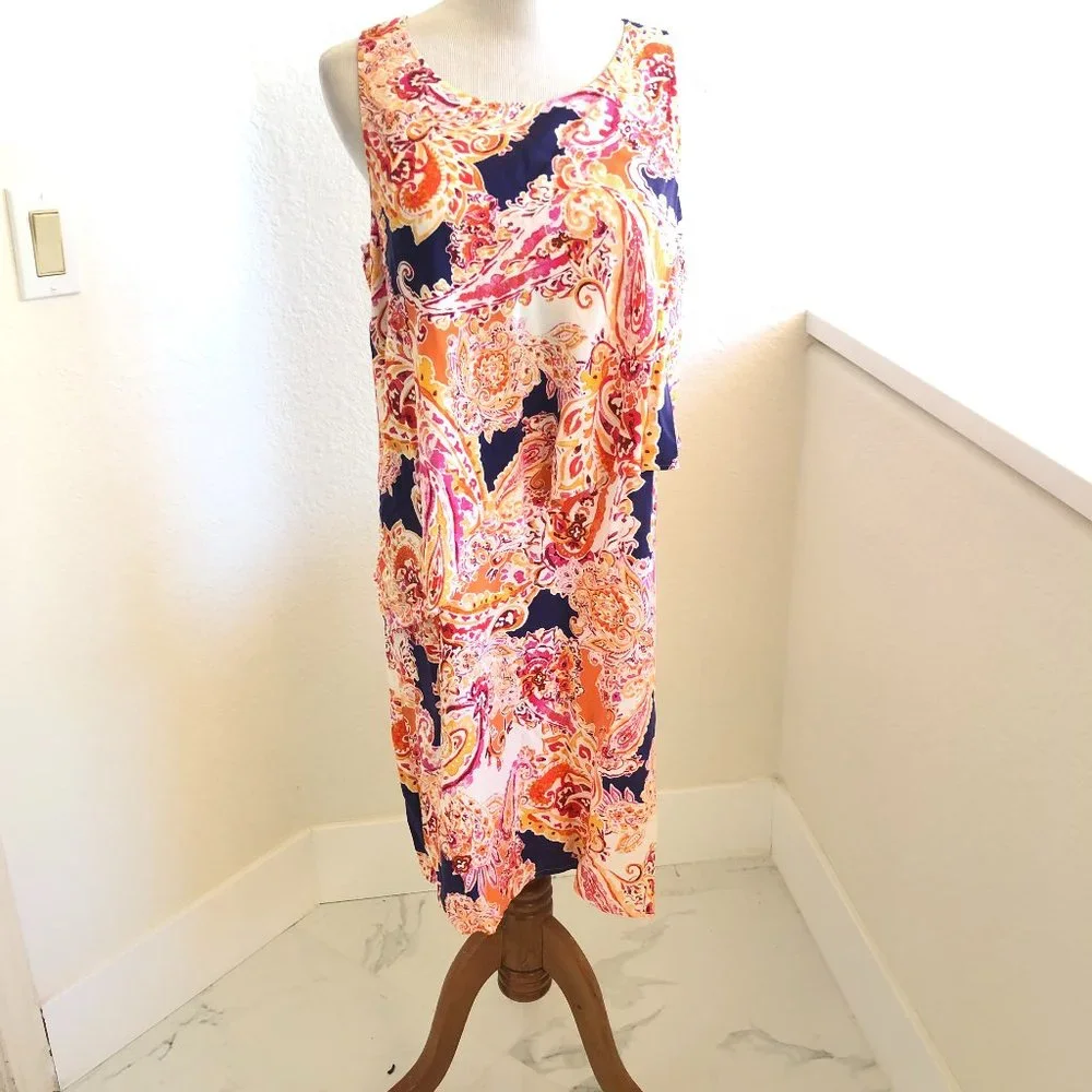J. Jill Paisley Floral Tiered Dress SizeS Sleeveless Orange Colorful Stretch - Picture 4 of 13